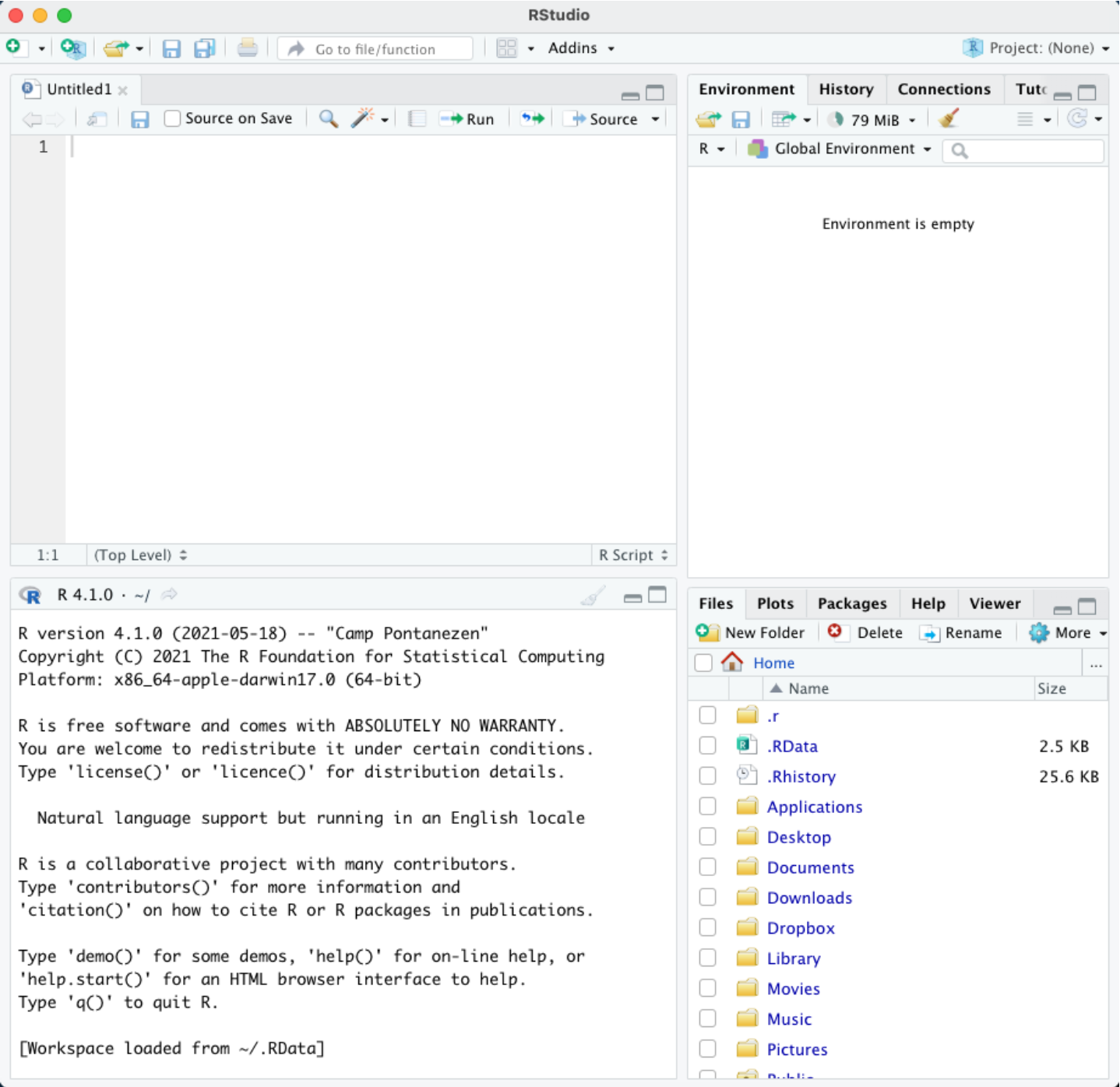 Example of recently-opened Rstudio. Note that the appearance of RStudio is customizable, so your interface might not look the same as the RStudio your instructors or your fellow students have